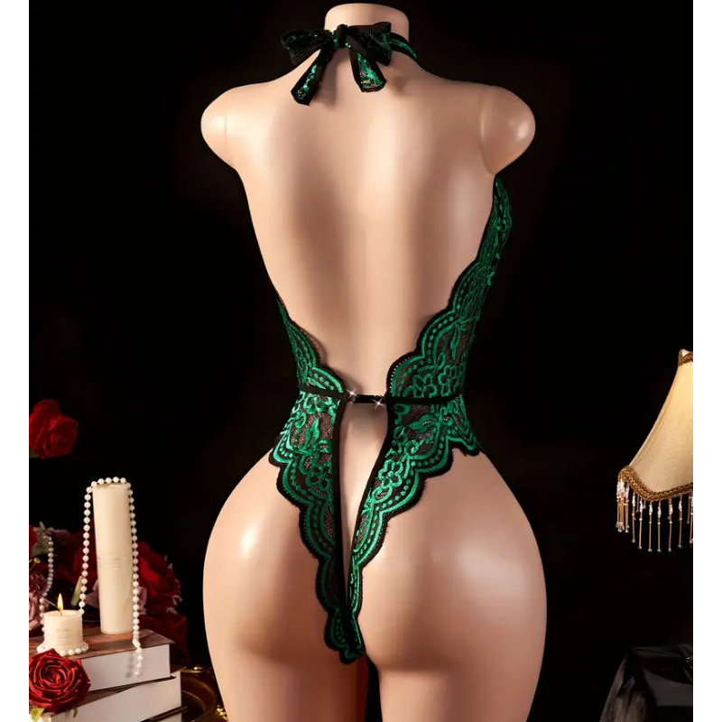 Black and Green Open-Back Open-Crotch Lace Lingerie