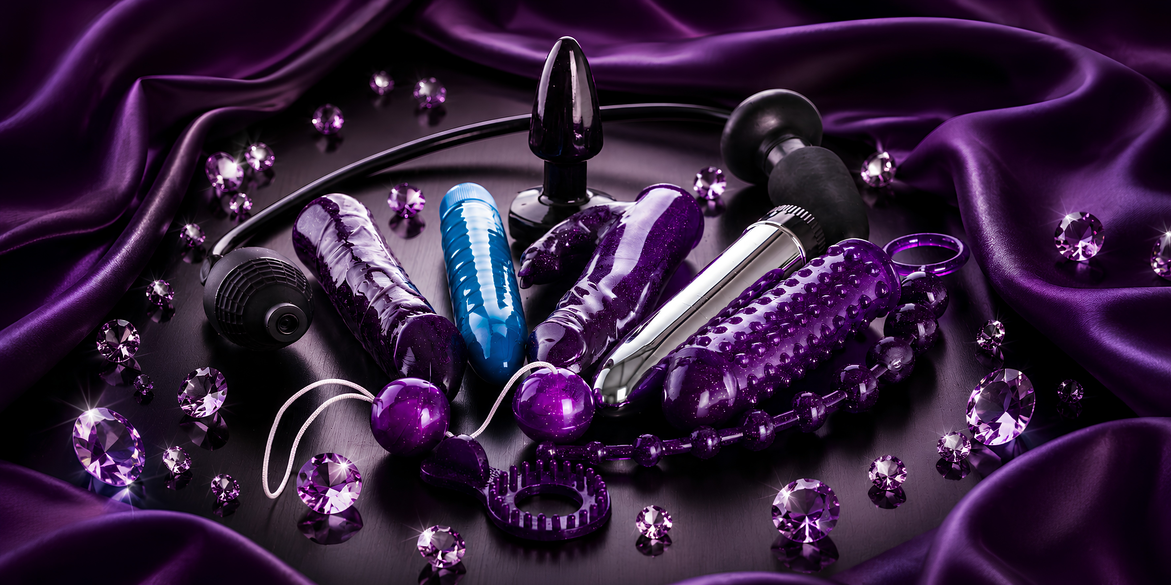 Sexual toys on a dark surface with purple fabric and crystals